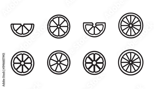 Citrus Slices Icons: Full and Half Orange Fruit Halves Line Art Style
