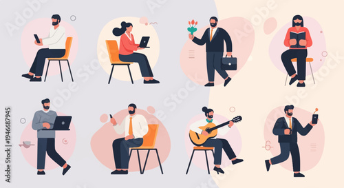 Diverse individuals engaged in various modern activities, including work, leisure, and personal pursuits