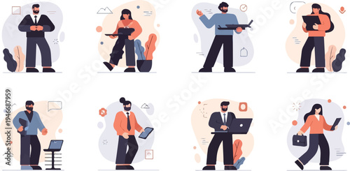 Diverse individuals in professional settings, interacting with technology and business items