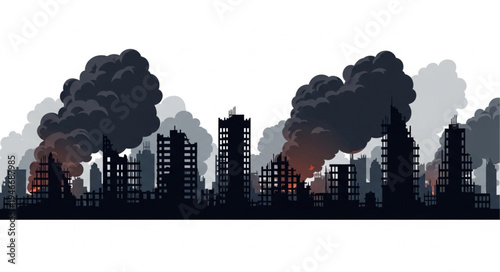 City skyline with smoke rising.