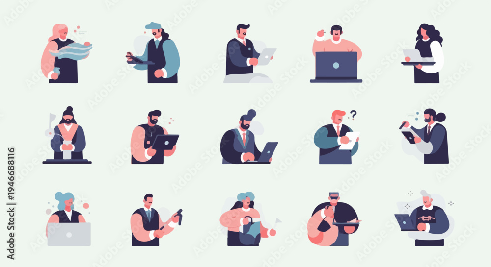 Fototapeta premium Diverse professionals working with devices and papers in a minimalist style