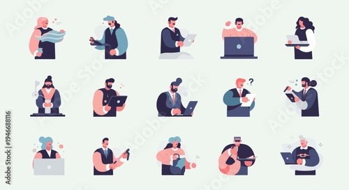 Diverse professionals working with devices and papers in a minimalist style