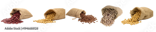 Photography Variety of natural beans and seeds spilling from rustic burlap bags, showcasing organic healthy foods