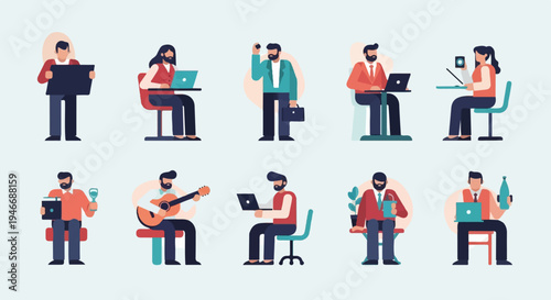 Diverse individuals engaged in various activities like working, playing music, and relaxing (1)