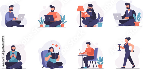 Diverse individuals engaged in various activities like working, reading, and exercising (5)