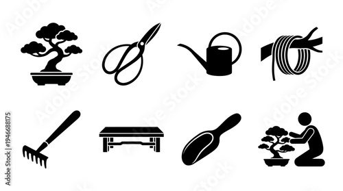 Bonsai Icons Vector – Tree Cultivation, Gardening Tools, Pruning, Care Graphic