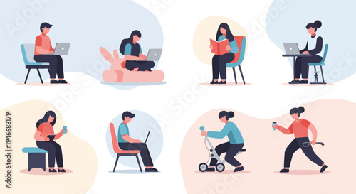 Diverse people engaged in various activities, including work and leisure, in a stylized setting