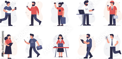 Diverse people engaged in various digital activities on a white background