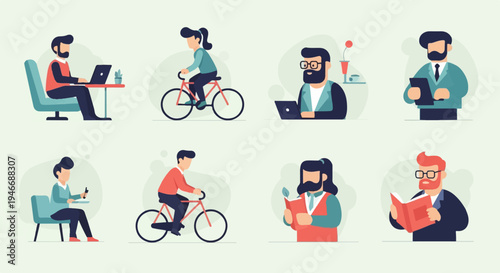 Diverse people engaged in activities like cycling, working, and reading