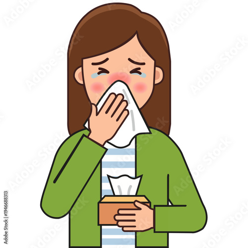 Vector illustration of a sad young woman blowing her runny red nose into a tissue, suffering from seasonal spring allergy or cold.