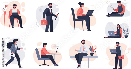 Diverse professionals engage in various work-related activities, often with digital devices