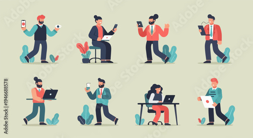 Diverse people engaged in various tasks with technology and plants