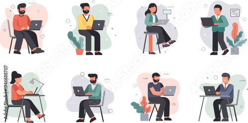 Diverse people in a modern, flat illustration style working on laptops