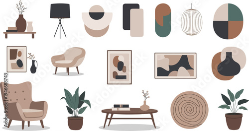 Modern home decor items with abstract art, chairs, plants, and furniture