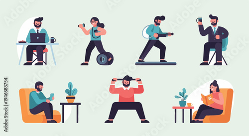 People engaged in various work, fitness, and leisure activities