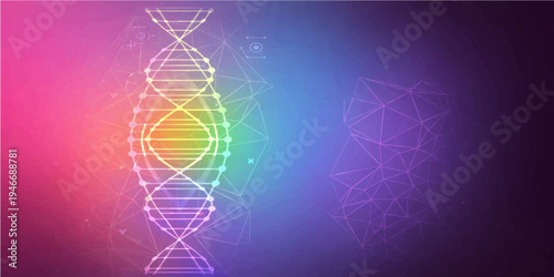 An abstract digital technology background featuring a glowing blue DNA wave and neon lightning motion within a futuristic science network design