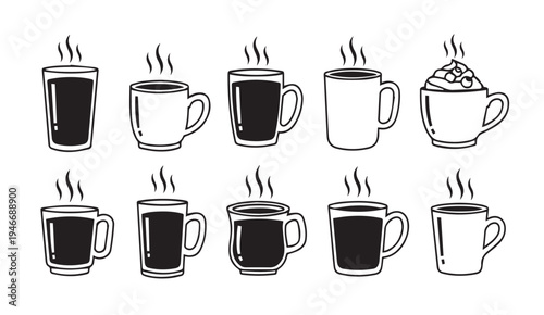 Wallpaper Mural Collection of Hot Drinks in Various Mugs and Glasses Steam Rising Simple Line Art Torontodigital.ca