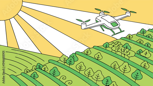 Agricultural drone flies over green cultivated fields under a bright sun in this minimalist flat vector illustration representing modern smart farming technology.