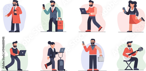 Diverse professionals in various activities, some with tech and travel items