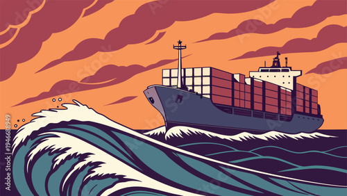 Container ship carrying cargo through rough ocean waves during a dramatic sunset in a stylized vintage vector illustration for global logistics and maritime transport.