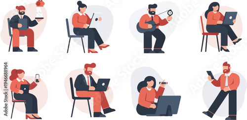 Flat design people using laptops and smartphones, some with props