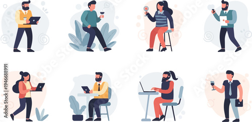 Flat design people using technology and enjoying drinks
