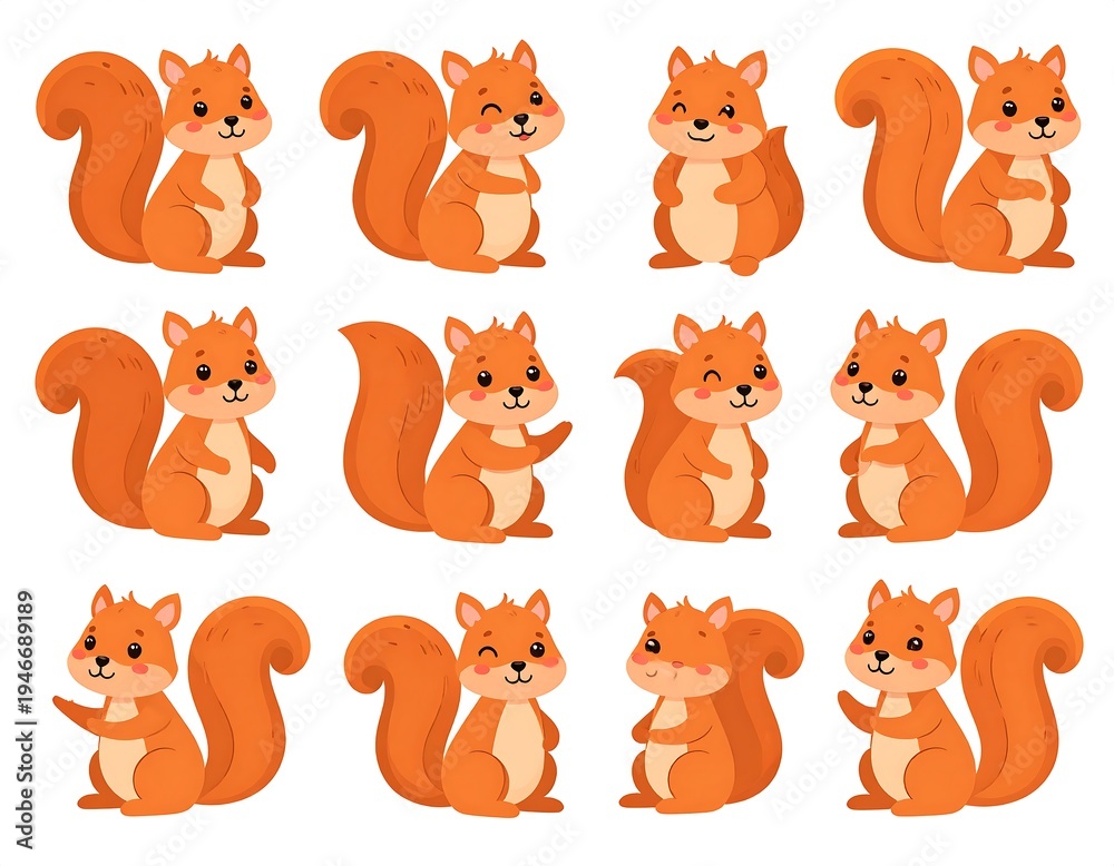 Fototapeta premium Cartoon Squirrels in Various Poses Illustration.
