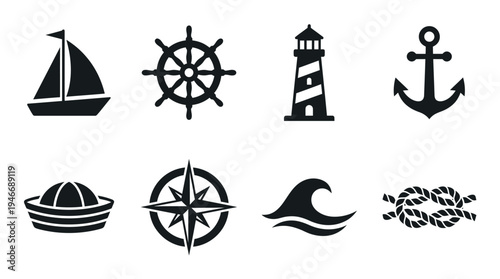 Nautical Icons Vector – Sailing, Maritime Navigation, Ocean Symbols, Seafaring Graphic