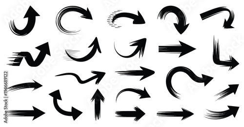 Hand Drawn Arrows Vector Set, black brush stroke arrows with textured hand-drawn style on white background, perfect for design accents, navigation, and digital or print media.