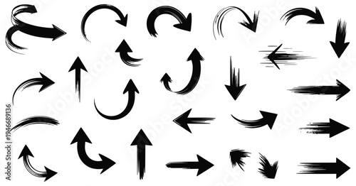 Hand Drawn Arrows Vector Set, black brush stroke arrows with textured hand-drawn style on white background, perfect for design accents, navigation, and digital or print media.