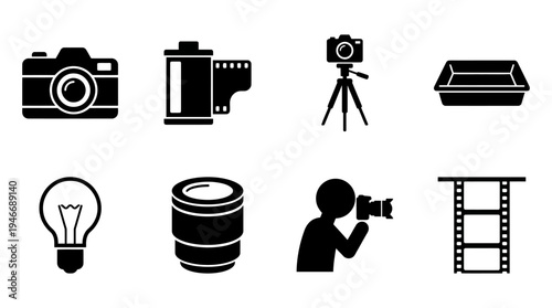 Photography Icons Vector – Cameras, Film, Lighting, Darkroom Tools, Creative Graphic