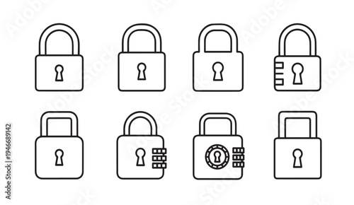 Collection of Padlock Icons with Keys and Combination Locks on White Background Vector Stock Illustration