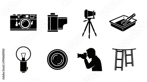 Photography Icons Vector – Cameras, Film, Lighting, Darkroom Tools, Creative Graphic