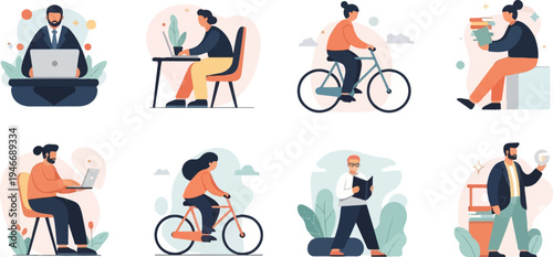 Diverse individuals engaged in work, leisure, and learning activities