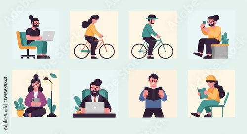 Flat illustrations of diverse individuals engaged in various activities