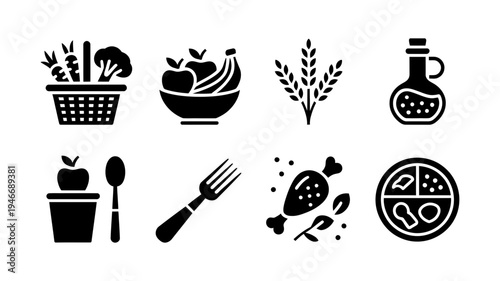 A diverse collection of healthy food and eating-related icons presented in a clear, minimalist black silhouette style.