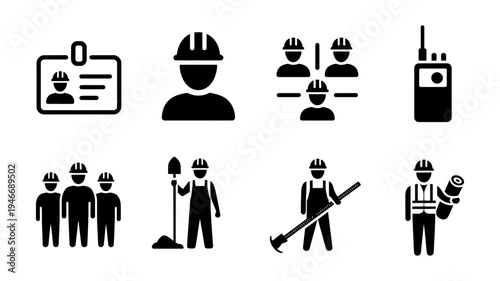 An essential collection of solid black icons representing construction workers, their tools, and team identification.