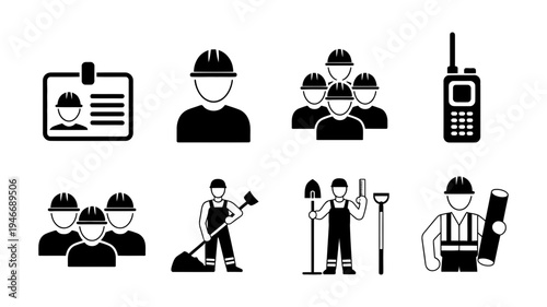 A practical set of outline icons depicting construction workers, their equipment, and team communication elements.