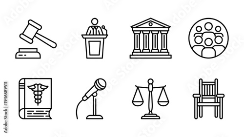 A comprehensive collection of outline icons representing the legal system, justice, and courtroom elements.