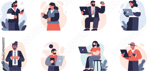 Stylized individuals engaged in various digital activities, diverse poses