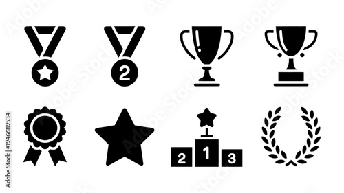 A striking collection of bold solid icons representing awards, triumphs, and celebratory recognition in various fields.