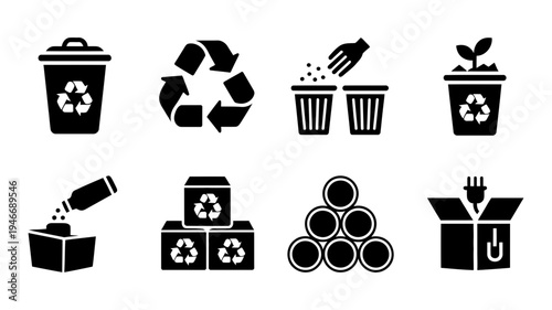 A comprehensive set of dark flat recycling and waste management icons representing environmental sustainability.