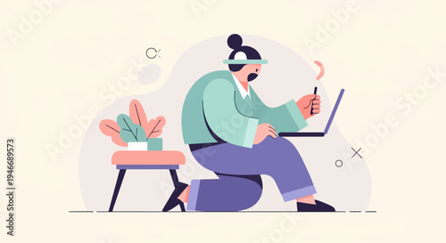 Stylized person with bun hairstyle kneels at laptop, holding stylus near plant