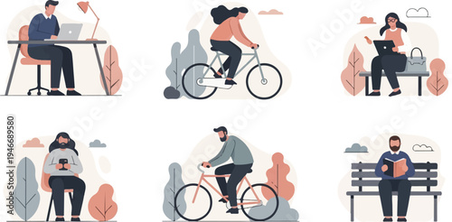 Six diverse individuals engage in various daily activities and leisure pursuits