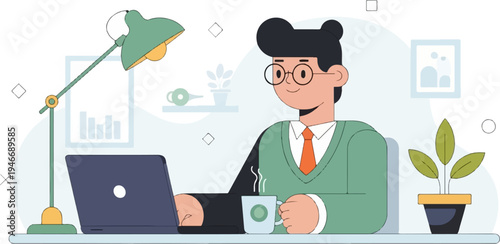 Person working on a laptop with a cup of coffee and a desk lamp