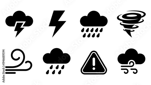 A concise set of eight dark flat weather and natural disaster icons for forecasts and warnings.