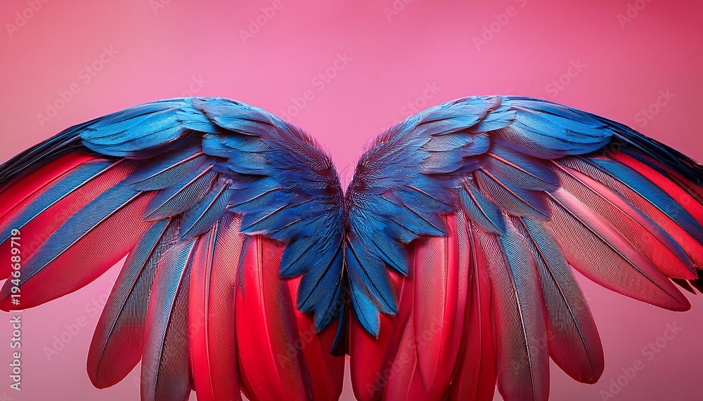 Obraz premium exquisite scarlet bird wing art concept vibrant abstract wings in red and blue against a pink background