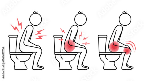 Three stick figures graphically depict common bodily pains and discomfort while using a toilet.