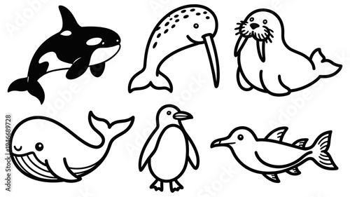 Cute black and white line art illustrations showcase various arctic marine life animals for educational purposes.