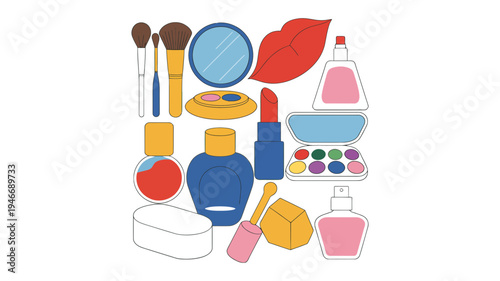 A colorful flat lay arrangement of various makeup and cosmetic products for beauty and self-care.